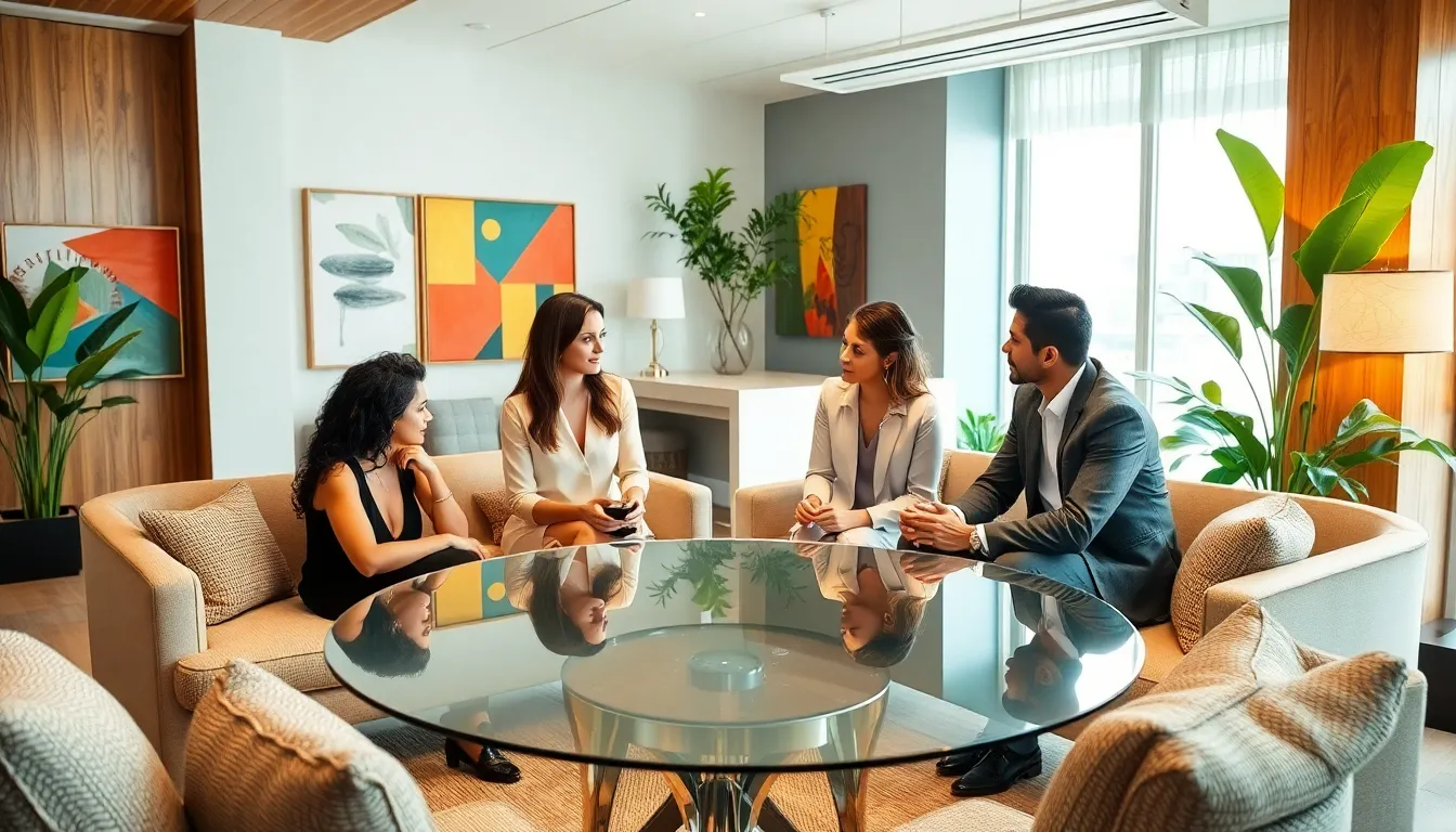 diverse team discussing decor design in a stylish modern interior.