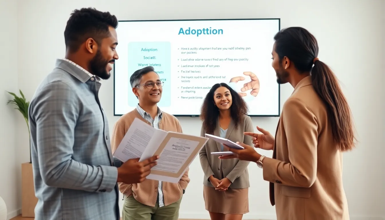 diverse group discussing adoption in a modern conference room.