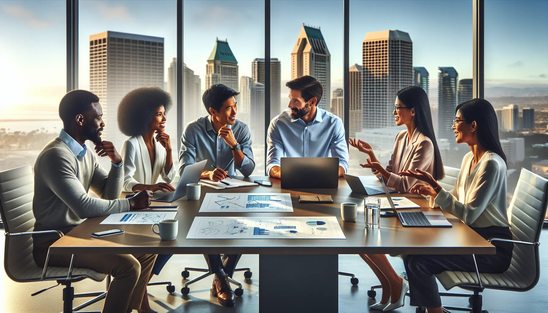 diverse team discussing telecommunications in a modern office with San Diego skyline.