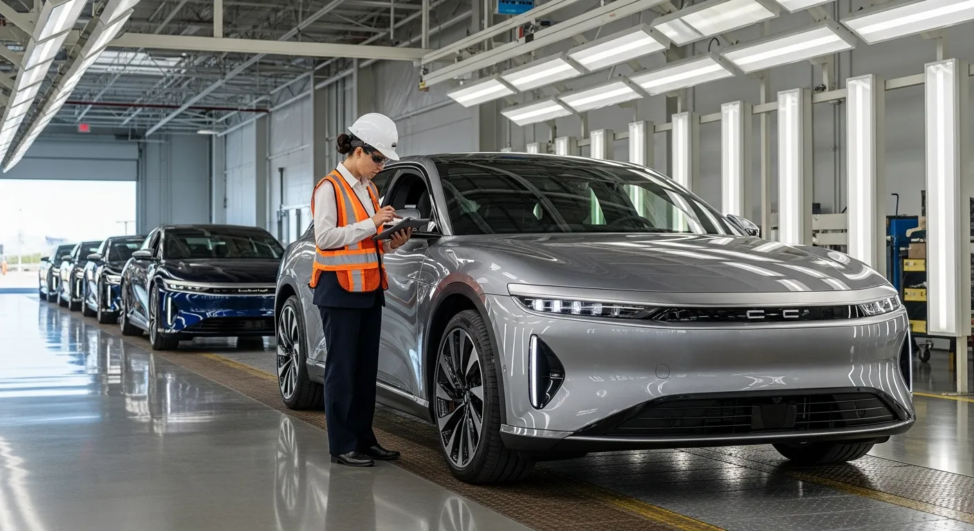 A quality control engineer inspecting a new Lucid Gravity SUV inside the Arizona factory.