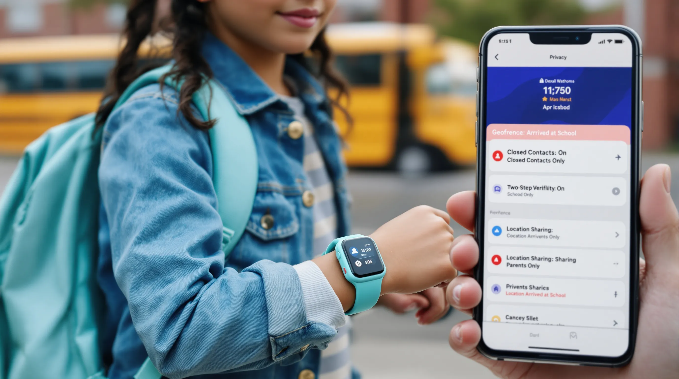 Child’s GPS smartwatch and parent app showing geofence, school mode, and security.