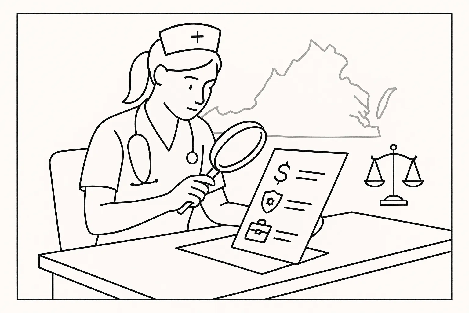 Nurse practitioner reviewing a contract with magnifying glass and three risk icons of Virginia Nurse Practitioner Contract Review.