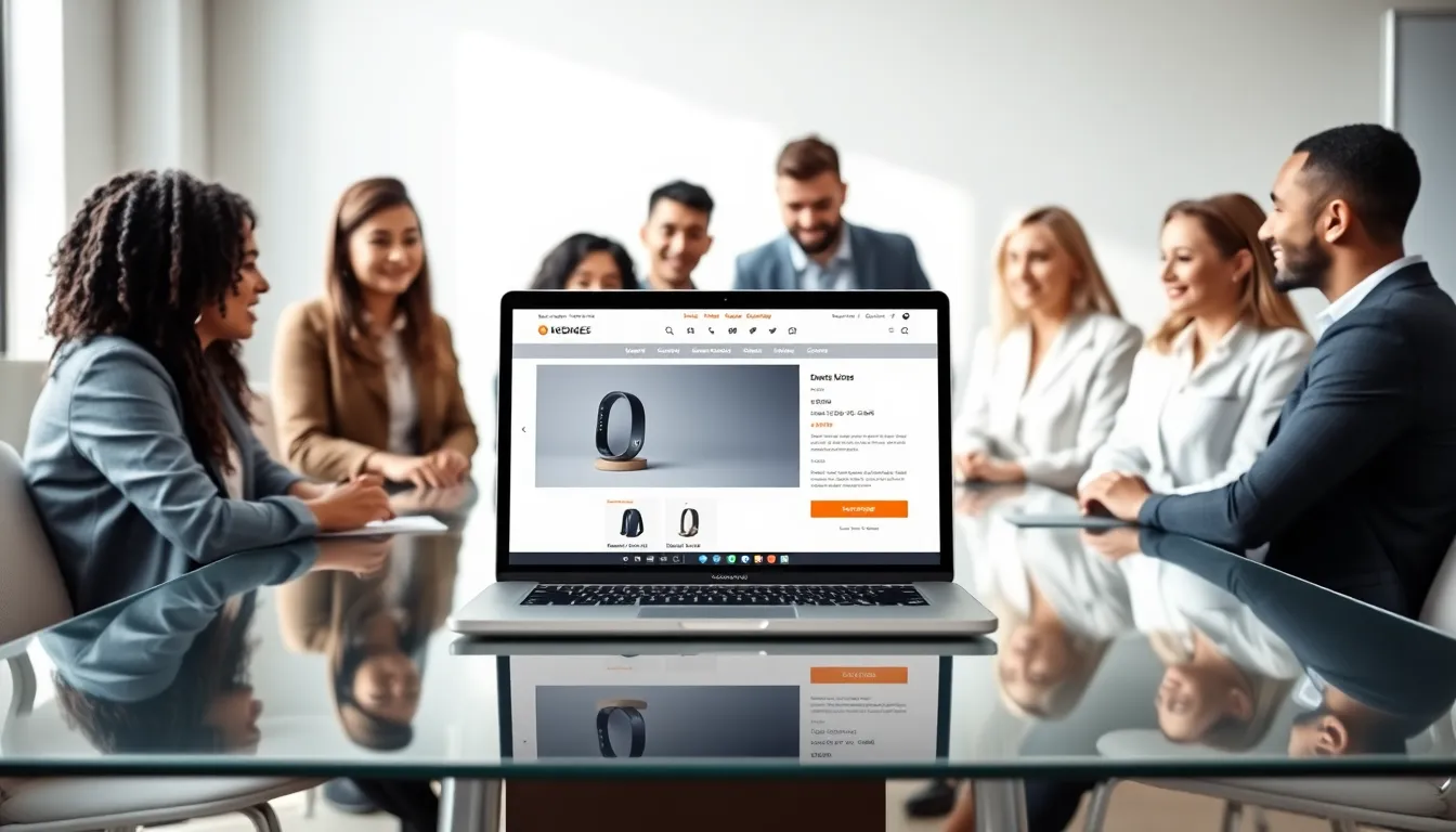 professionals discussing effective product page design in a modern office.