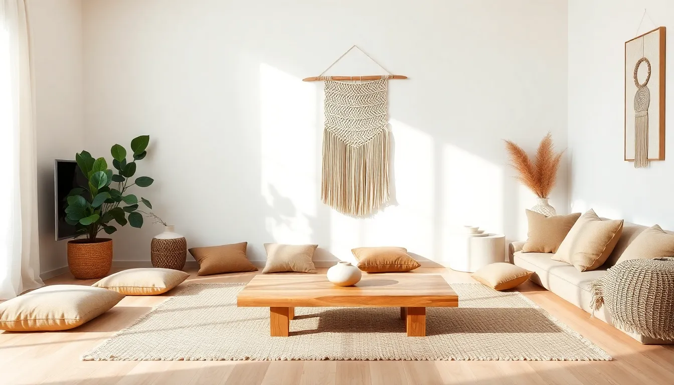 minimalist bohemian living room with natural textures and soft lighting.