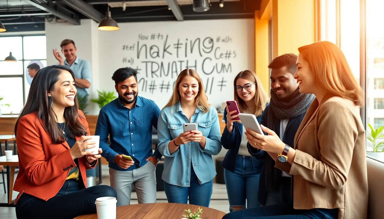 group enjoying candid moments in a modern caf&eacute;.