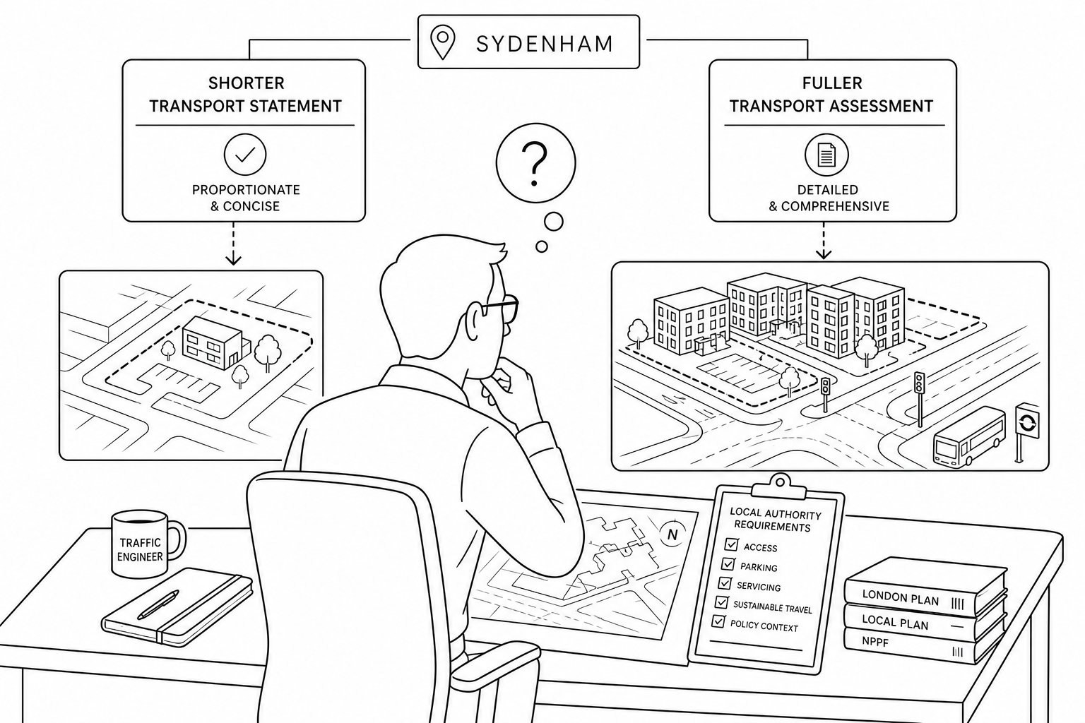 Traffic engineer comparing transport statement and transport assessment for a development site.