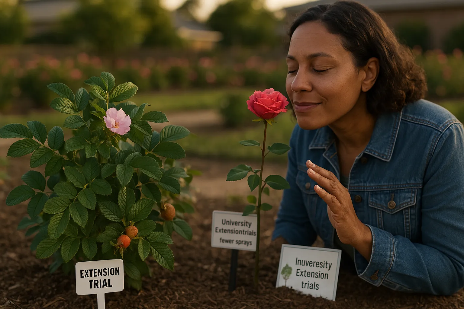 Gardener comparing a rugged shrub rose with a large hybrid tea bloom at sunset.
