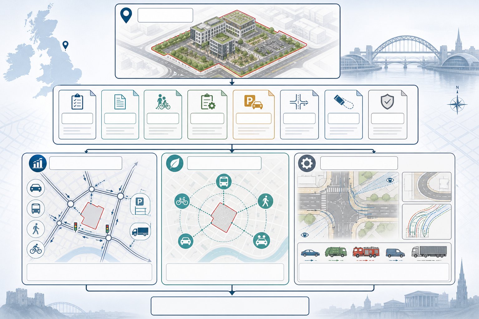 Infographic of traffic engineering reports, transport planning, and access analysis in Newcastle.