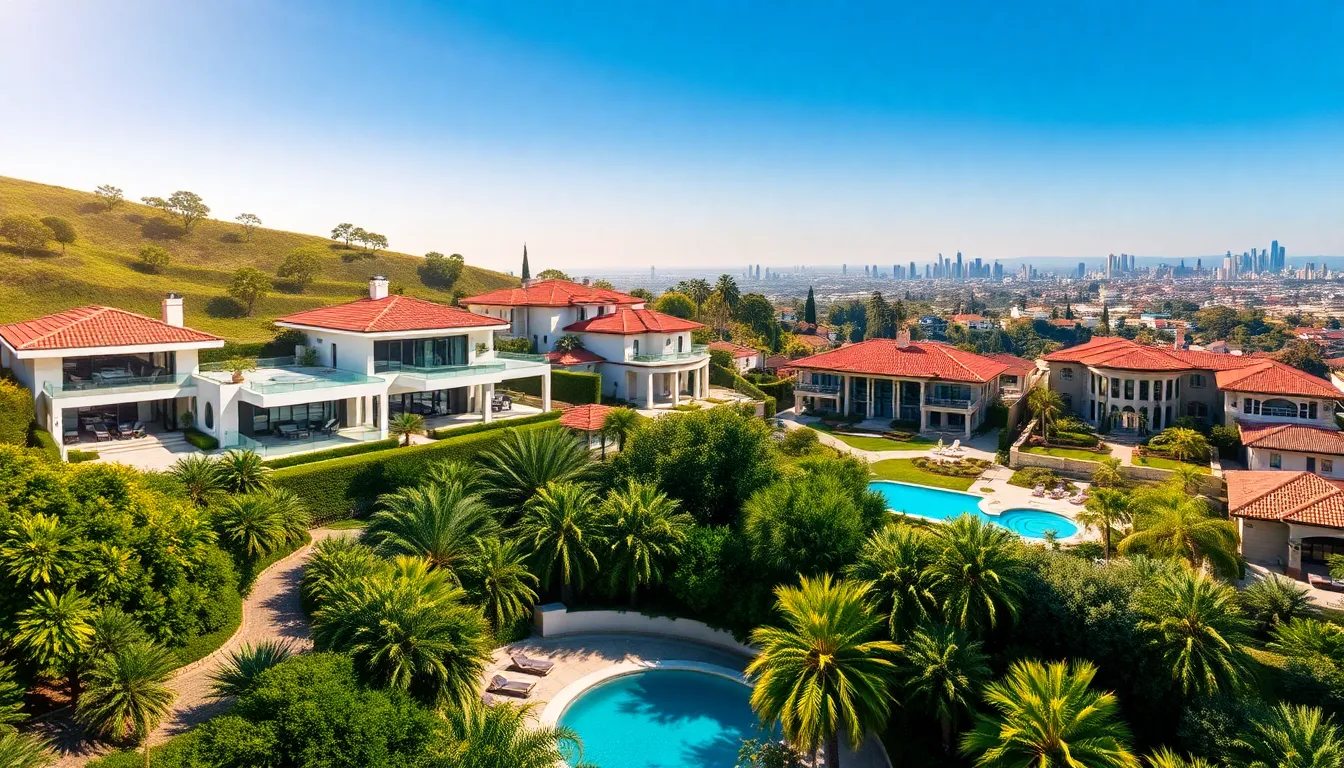 Aerial view of luxury homes in Los Angeles with stunning architecture.
