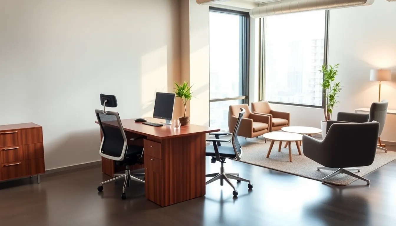 modern office with ergonomic furniture and inviting breakout area.