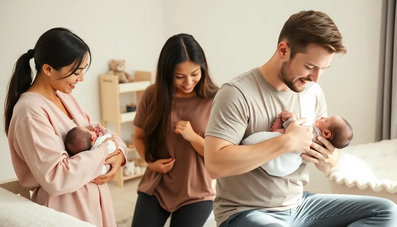 parents practicing burping techniques with newborns in a cozy nursery.