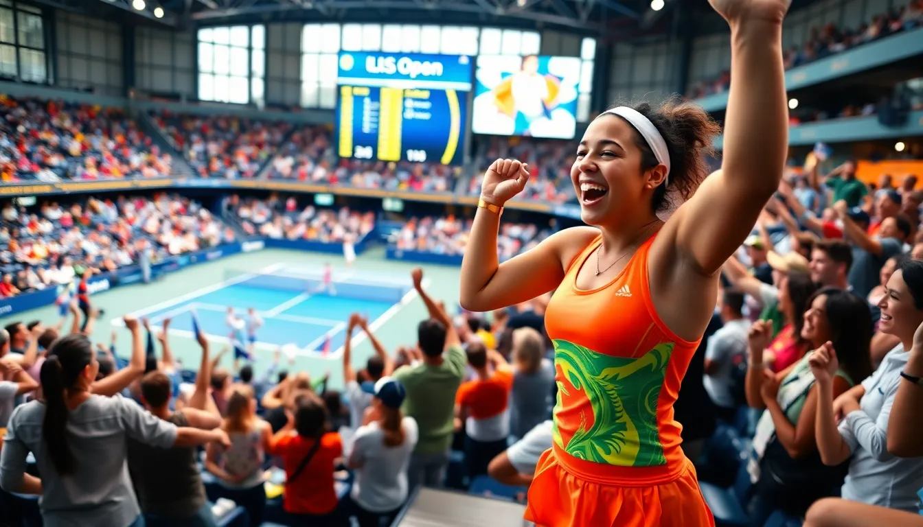 An excited tennis player celebrates a win at the US Open with cheering fans.