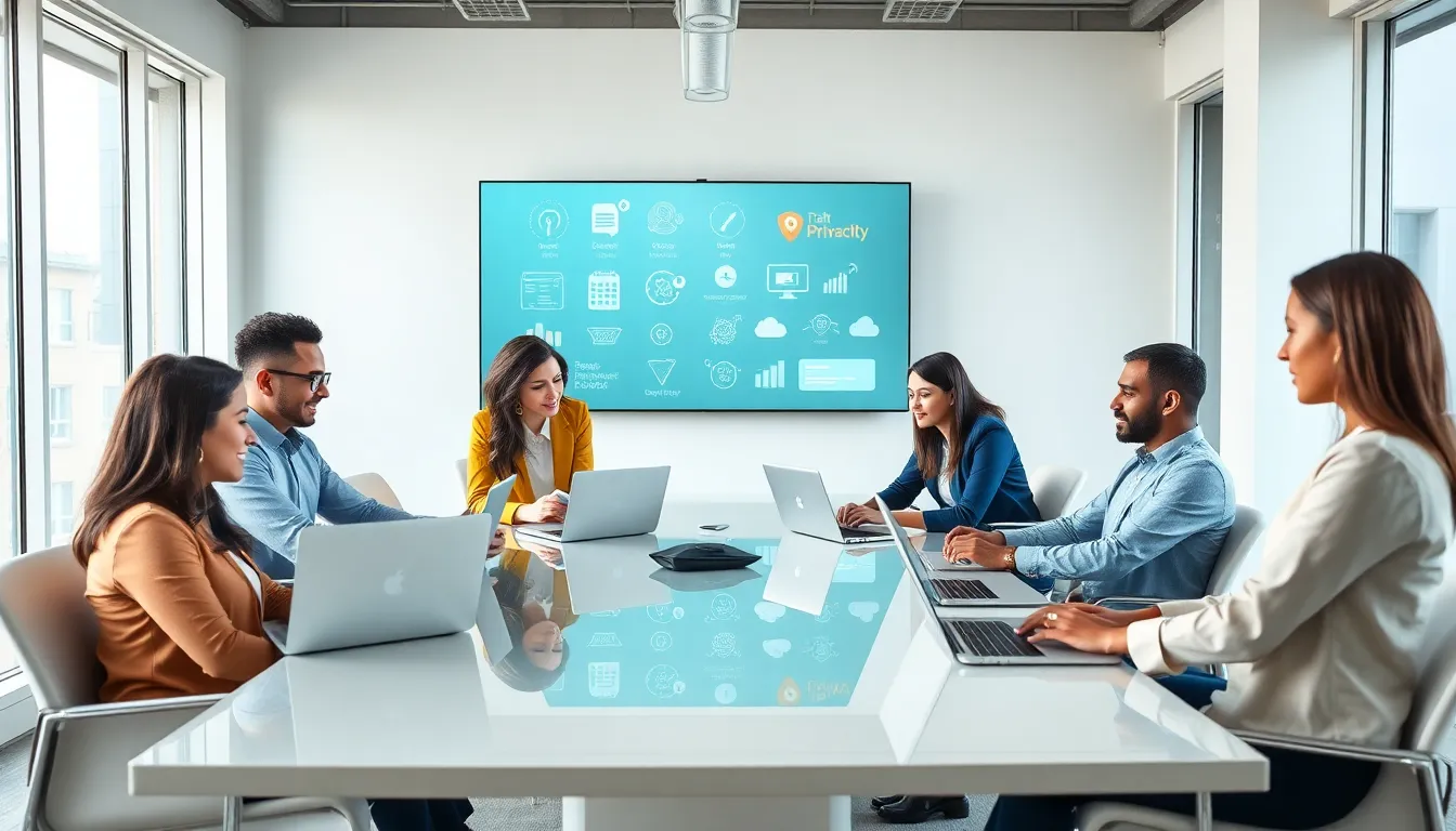diverse team discussing privacy solutions in a modern workspace.