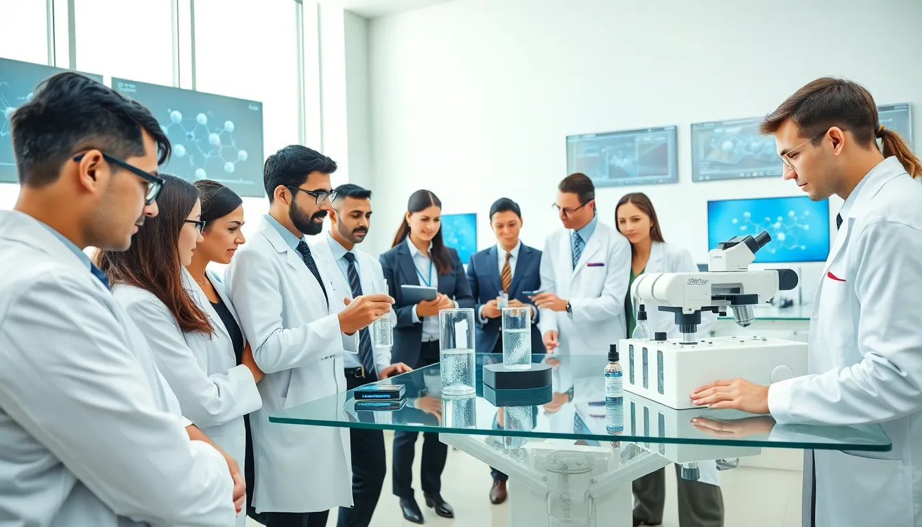 team analyzing water samples in a modern laboratory.