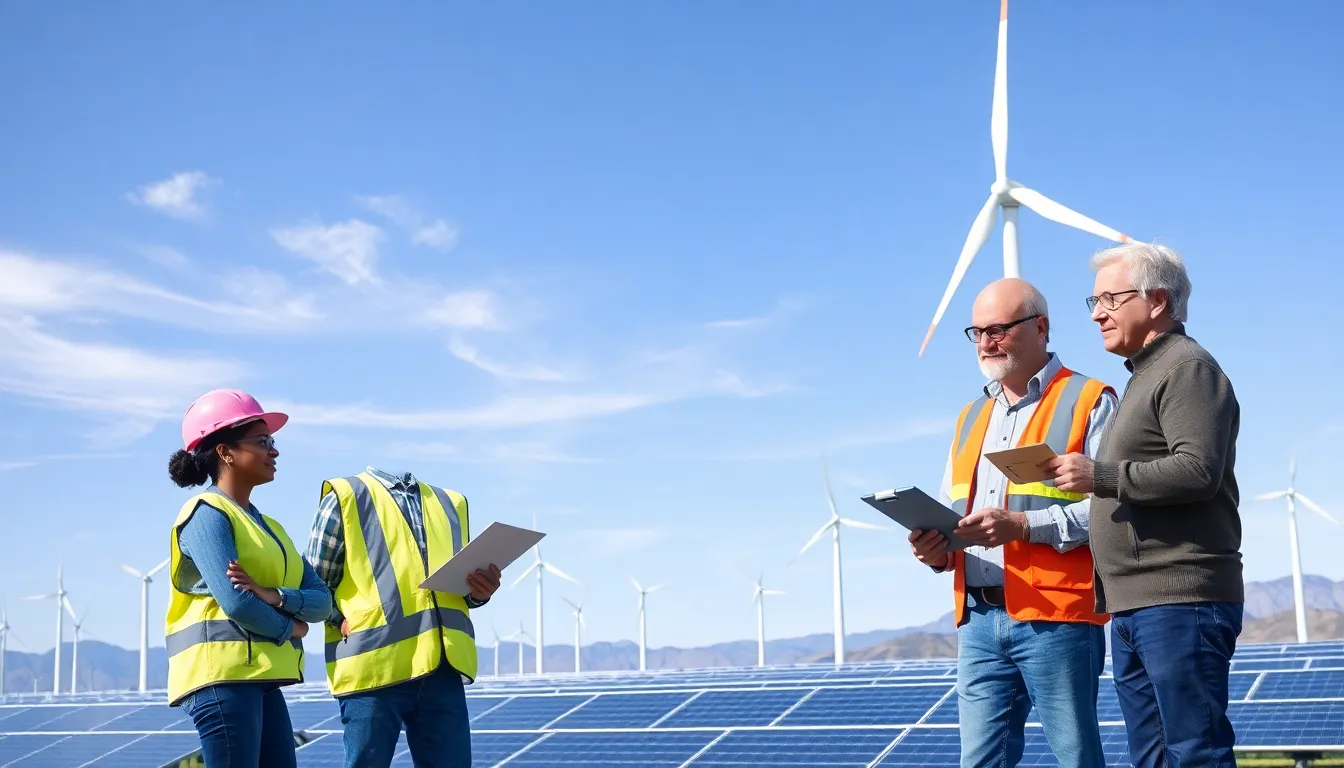 diverse professionals discussing renewable energy at a modern energy facility.