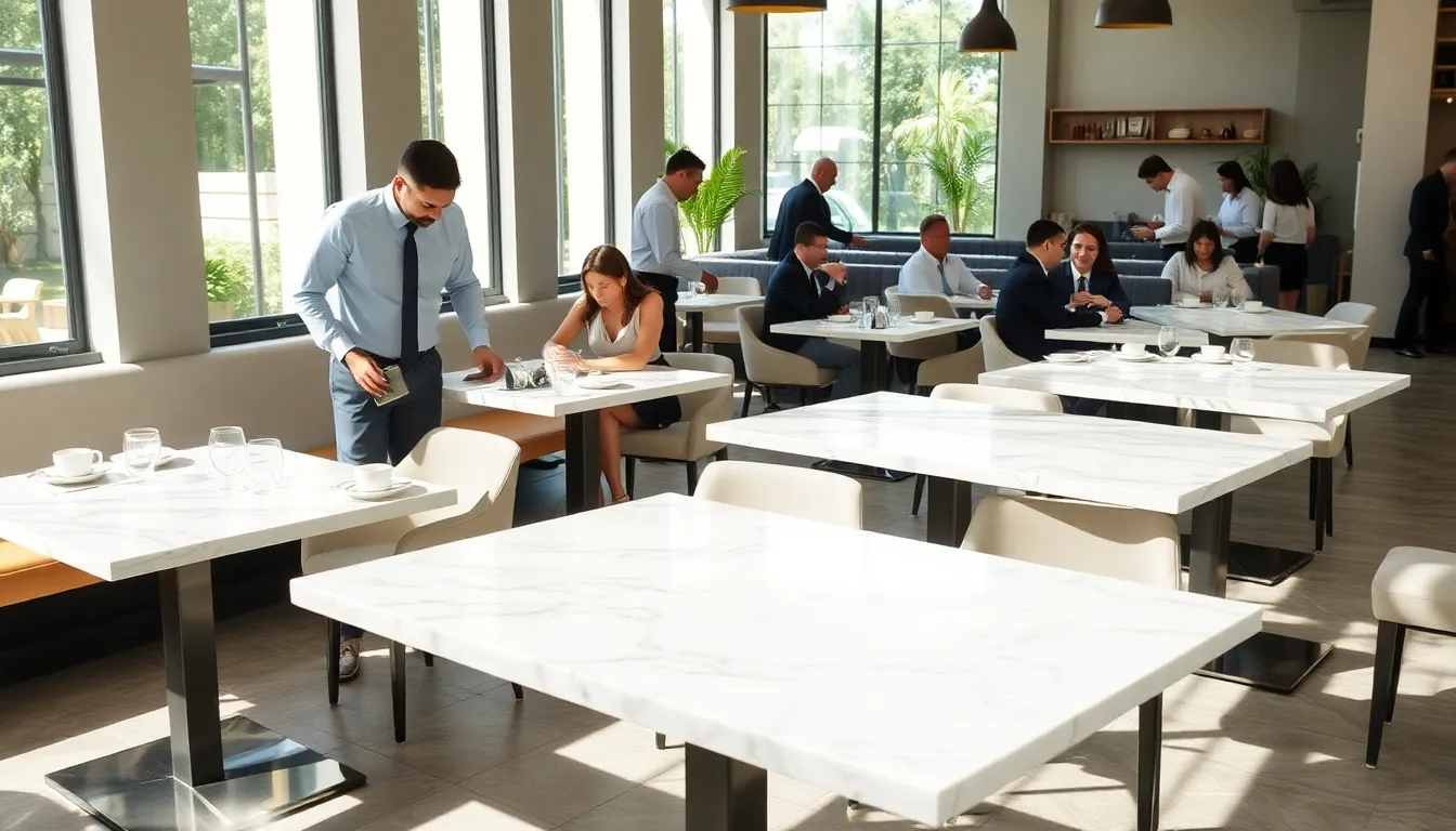Modern café with elegant marble table tops and professional staff.