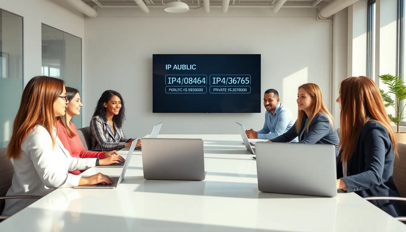 professionals discussing IP address structures in a modern office.