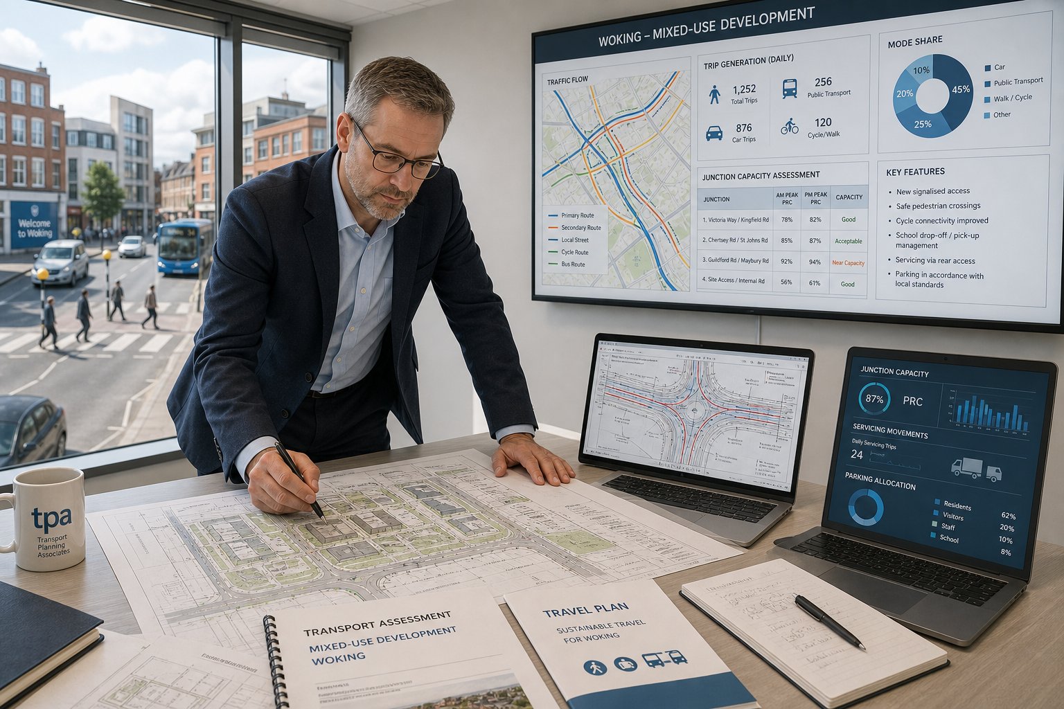 Traffic engineer reviewing development transport plans in a modern UK office.