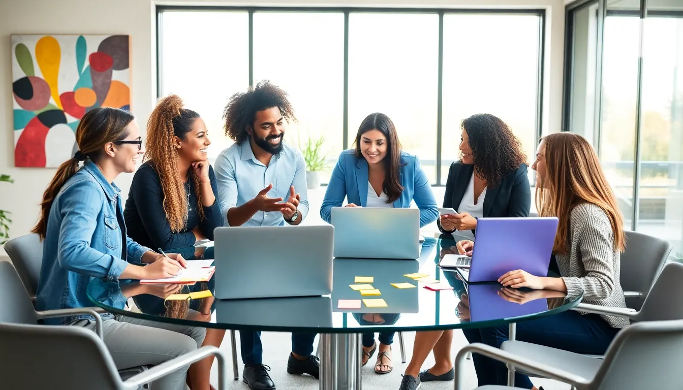 diverse team brainstorming ideas in a modern office.