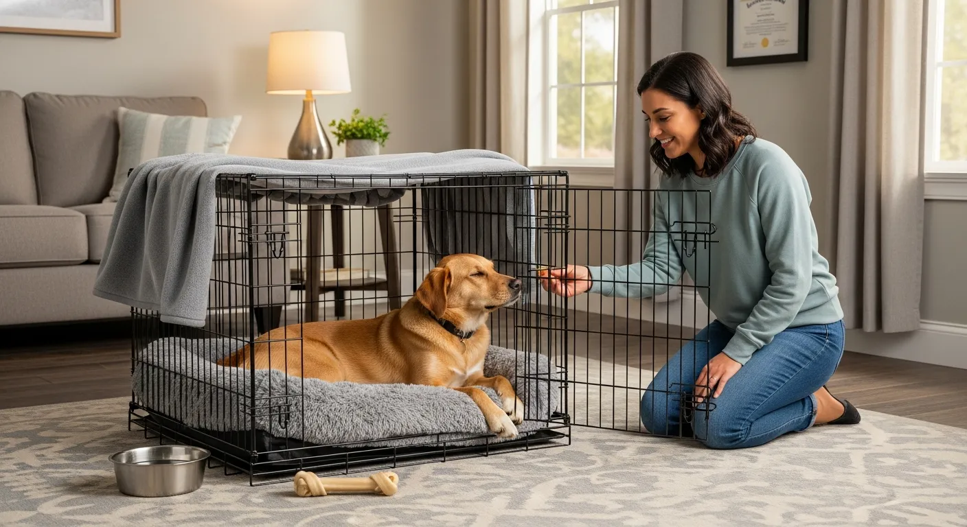 Calm dog relaxing in a cozy crate while owner rewards it with a treat.