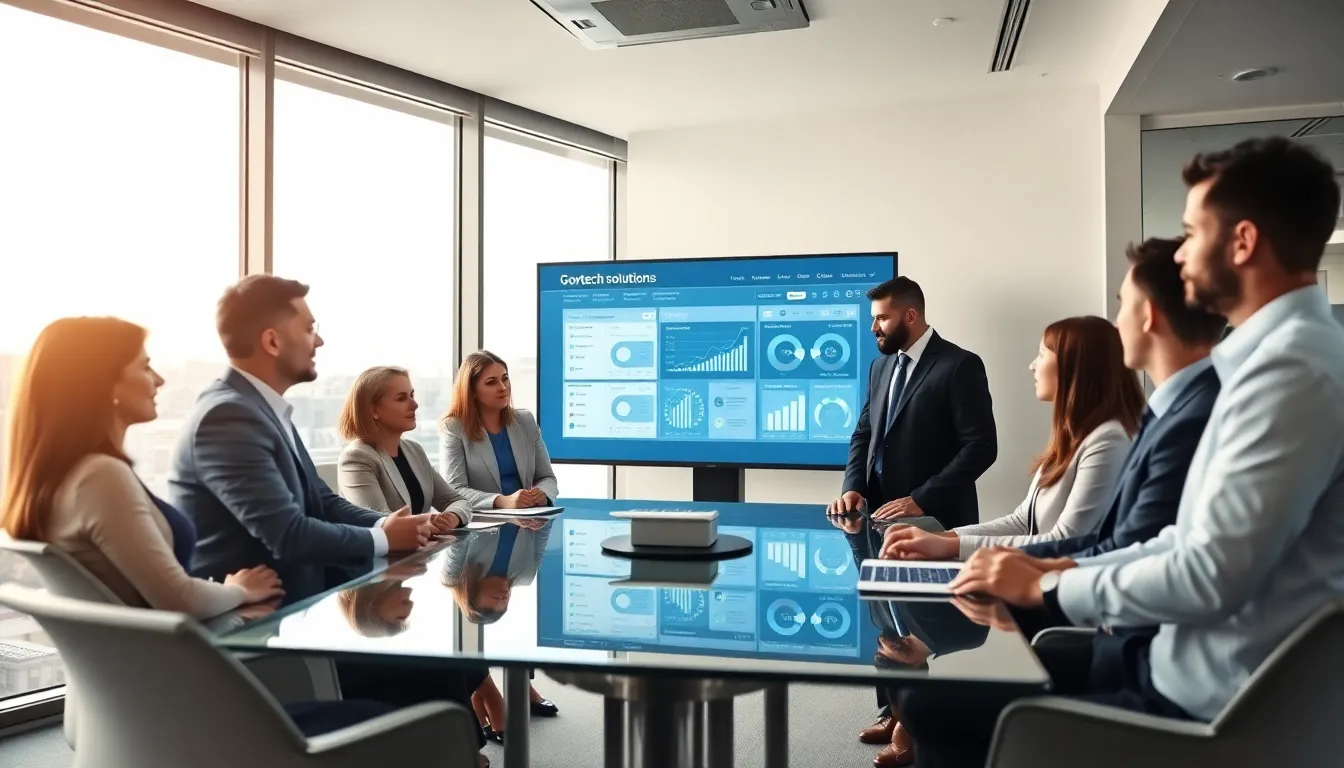 Diverse professionals discussing Govtech solutions in a modern conference room.