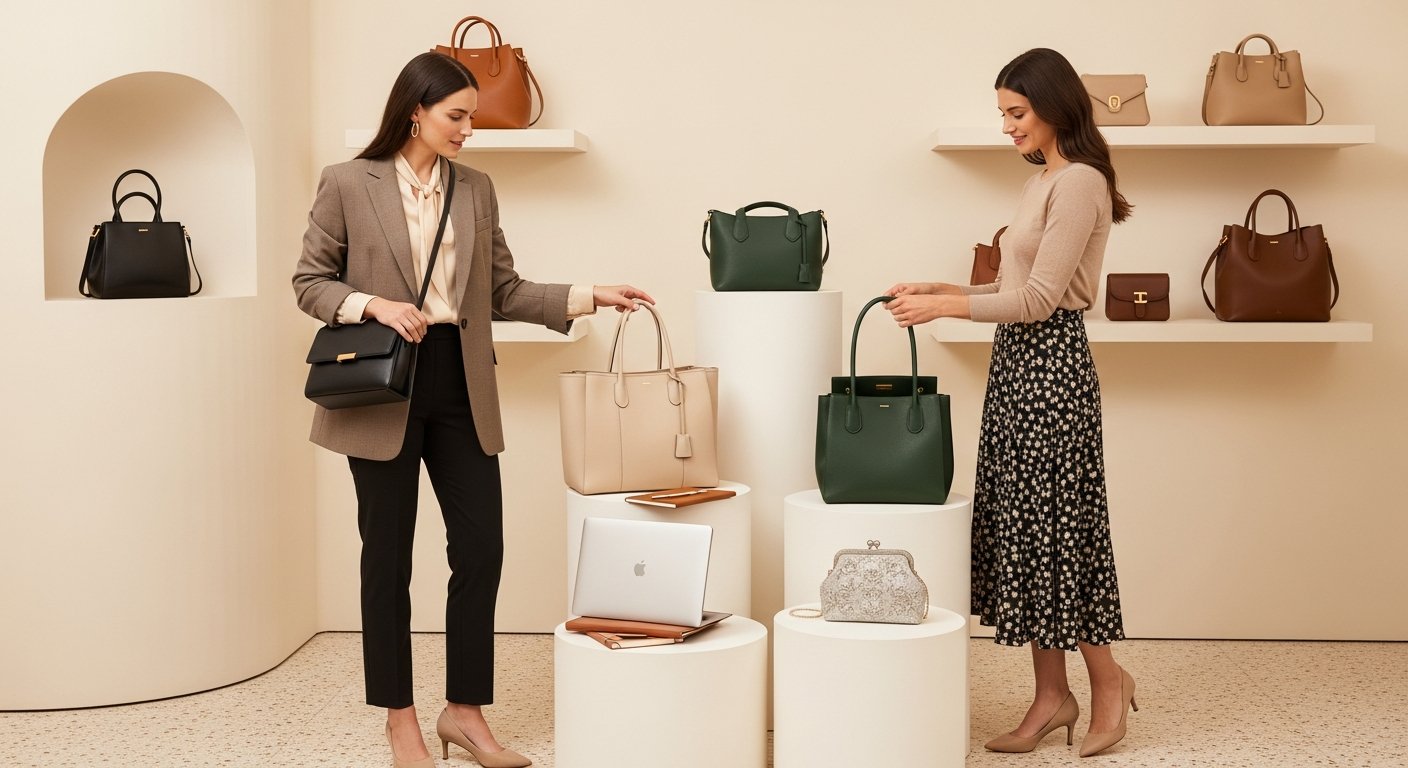 Luxury handbag categories displayed in an upscale boutique with stylish professional women.