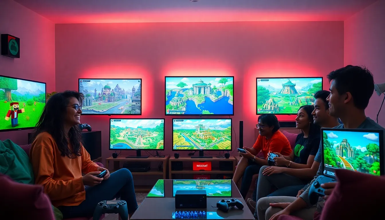 diverse group of gamers enjoying Minecraft on Xbox in a modern gaming room.