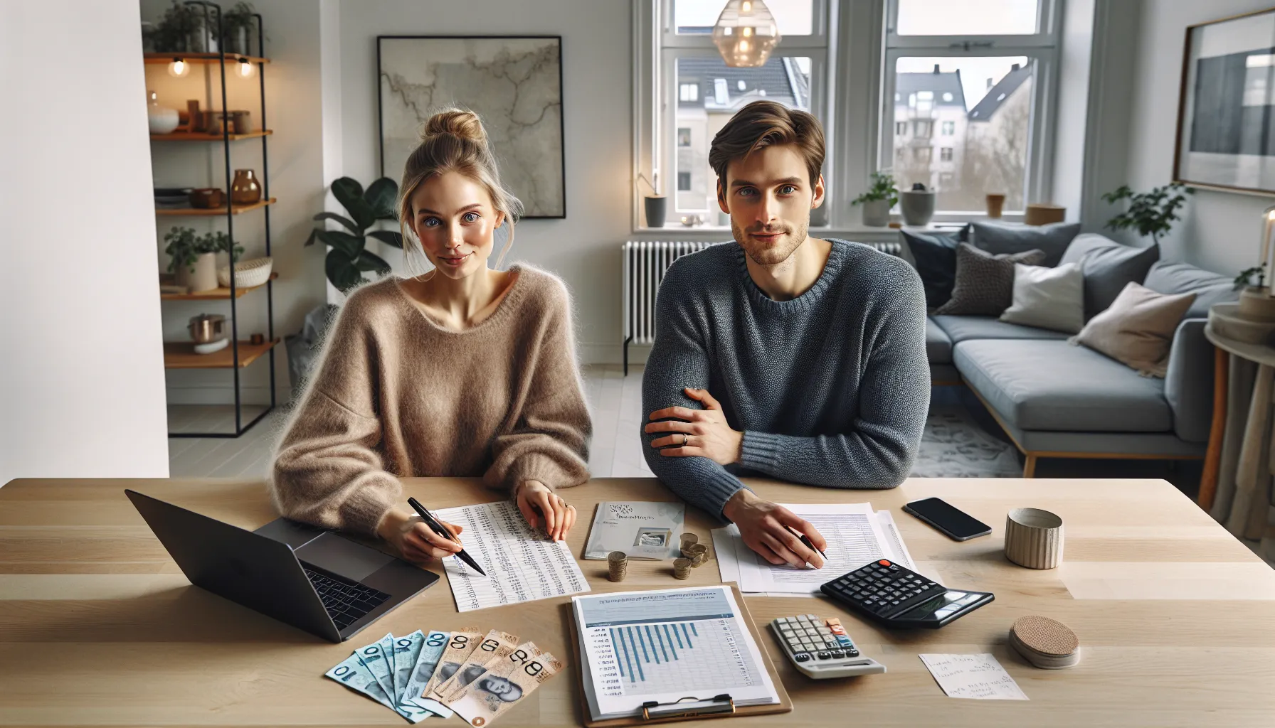 Hvordan planlegge et bryllupsbudsjett uten å gå i gjeld 3 Young norwegian couple calmly planning a realistic wedding budget at their kitchen table.