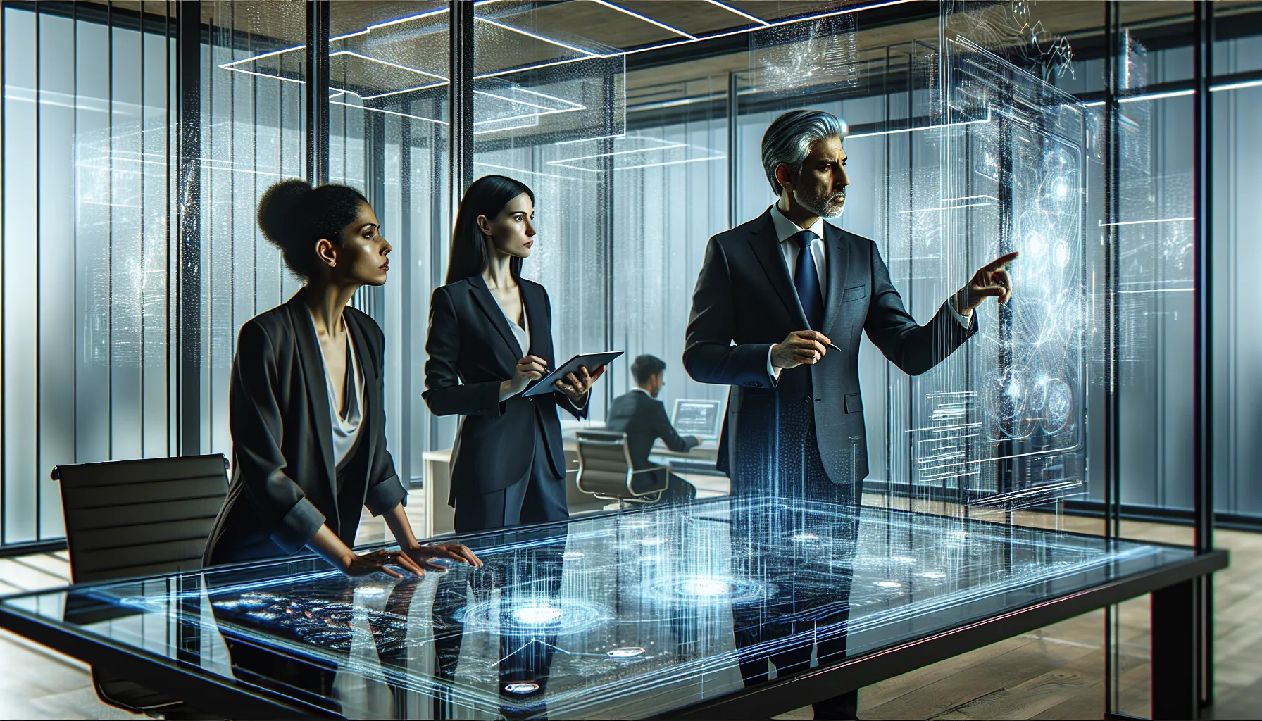 diverse tech team discussing digital identifiers in a modern office.