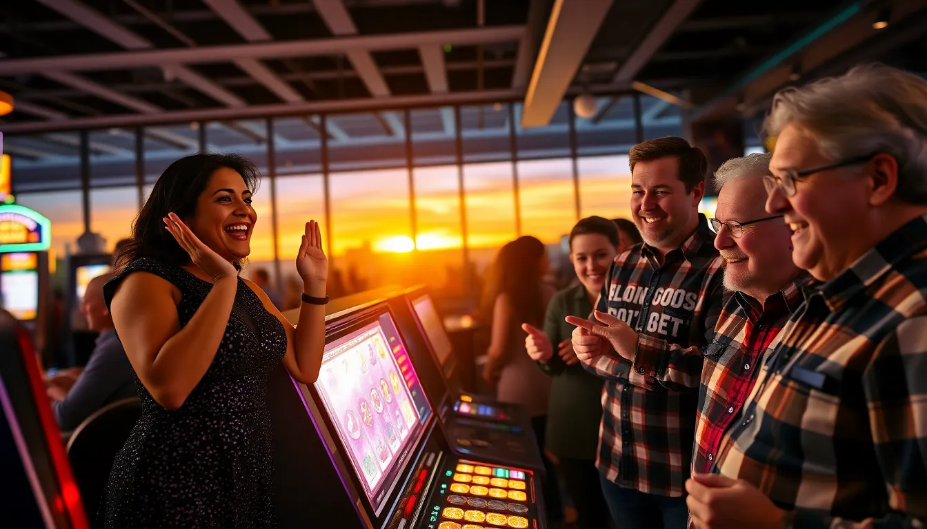 a diverse group of players celebrating around a slot machine with a rising jackpot.