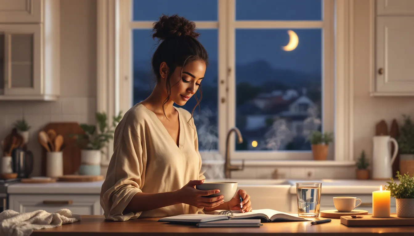 Woman eating a warm bowl of kitchari in a tidy kitchen at evening.