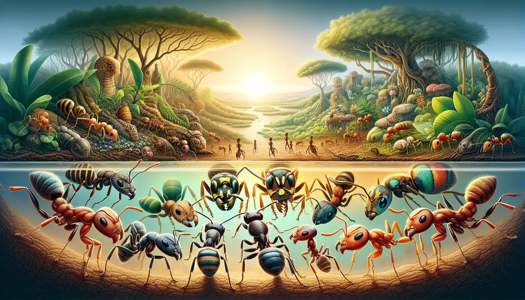 diverse ants collaborating in a natural environment.