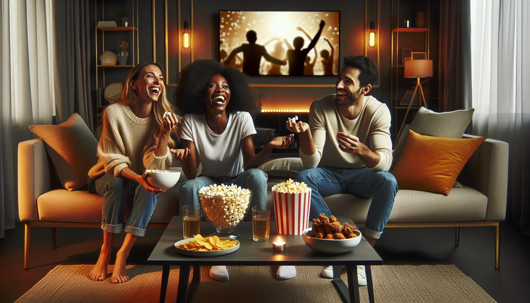 friends enjoying snacks during a film night at home.