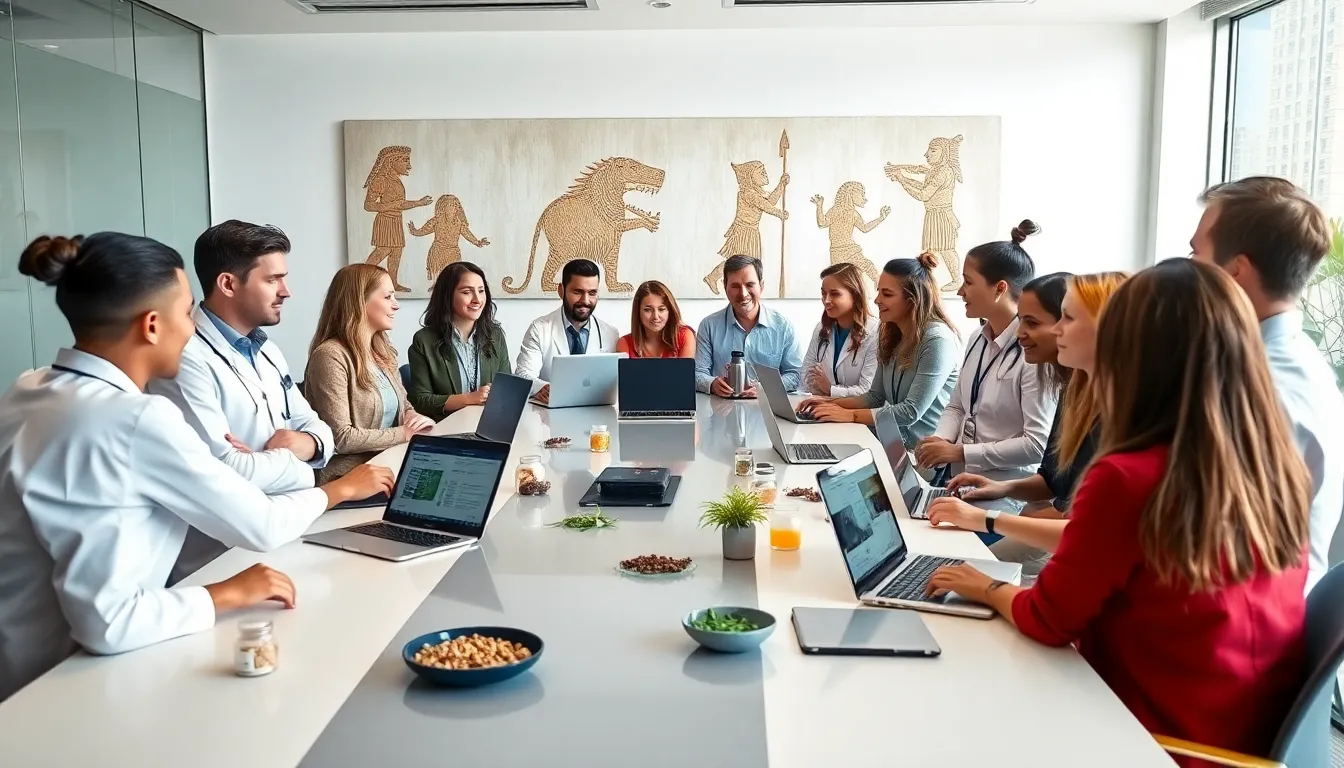 diverse team discussing manthaoilreat in a modern office.