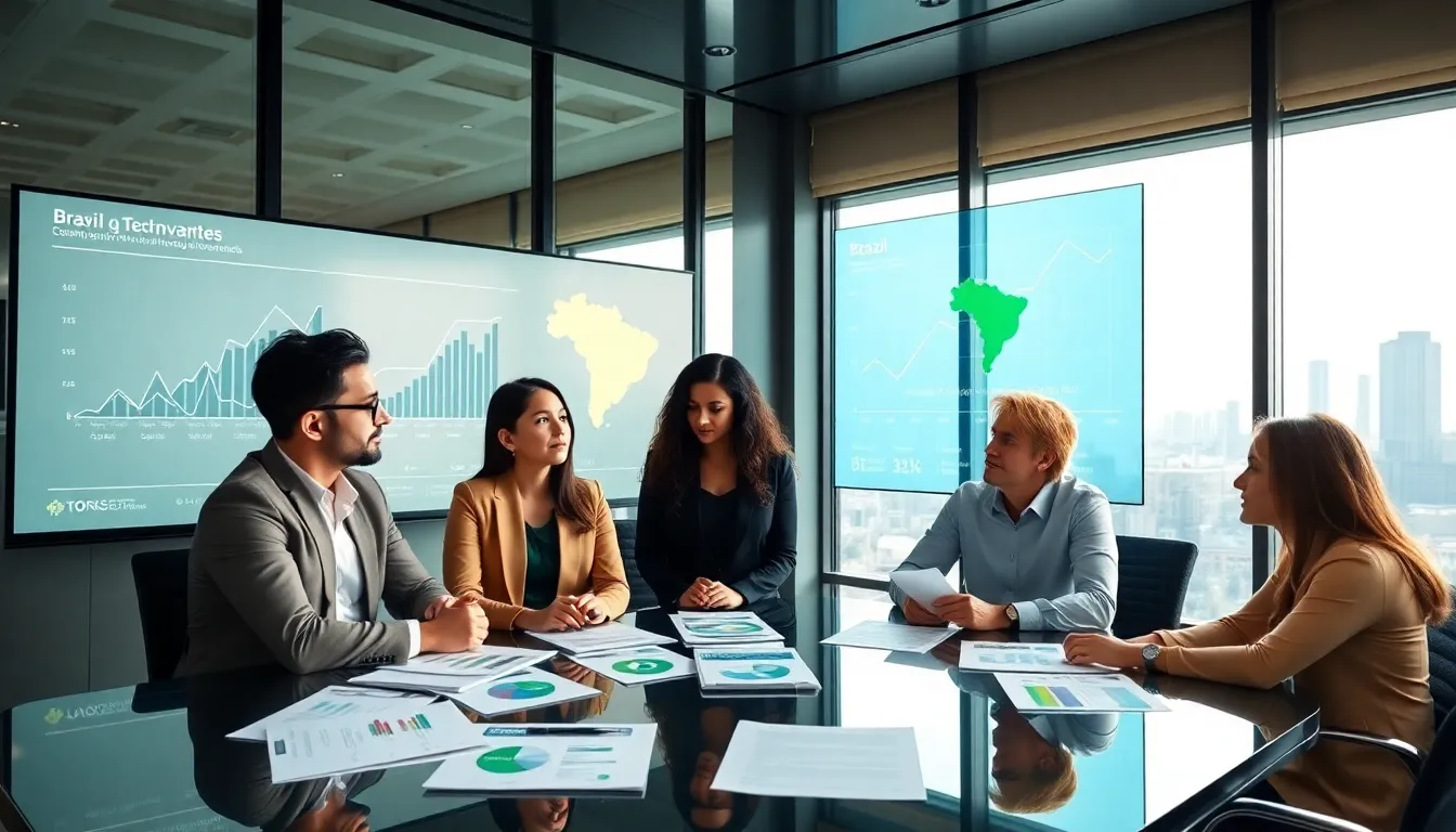 diverse investors discussing Brazilian market opportunities in a modern office.