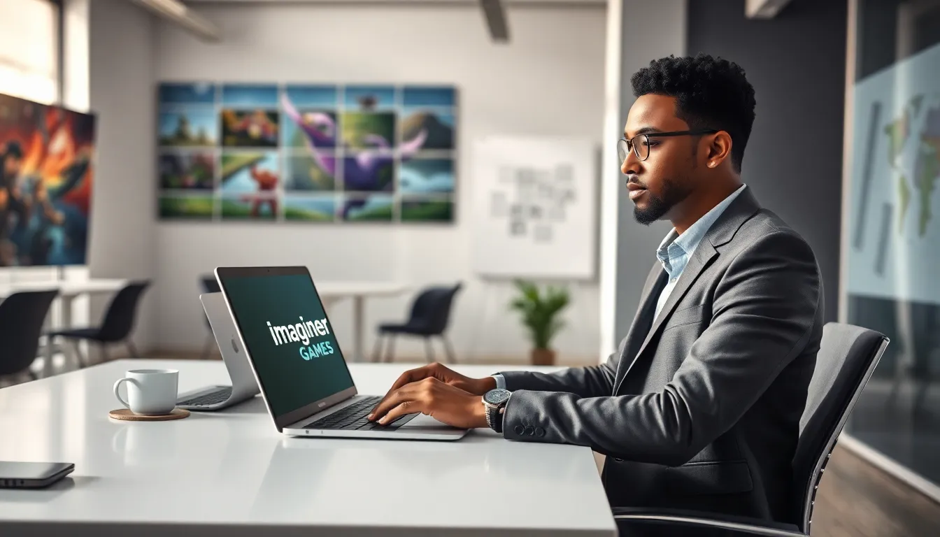 professional at a desk with Imagineer Games logo on the laptop.
