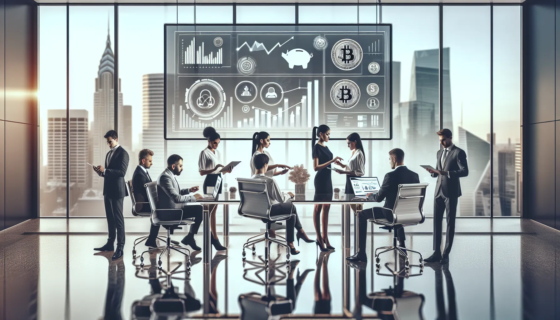 Professionals reviewing Binance Savings dashboards in a modern London office workspace.