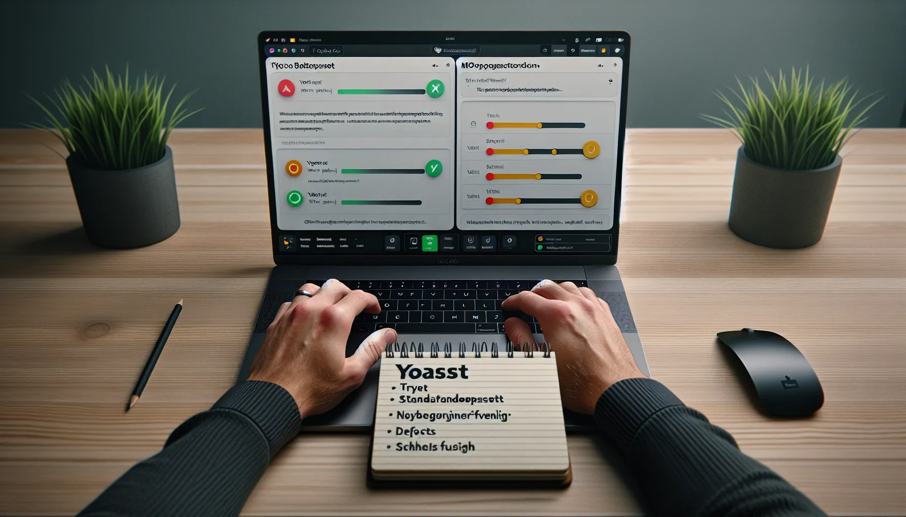 Norwegian blogger compares yoast and rank math in wordpress on a laptop.