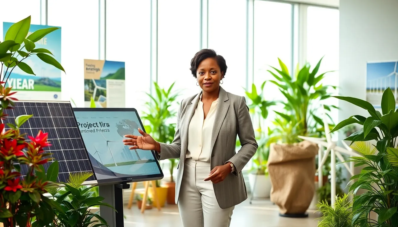 Peggy L. Carlton reviewing energy projects in a modern office filled with greenery.
