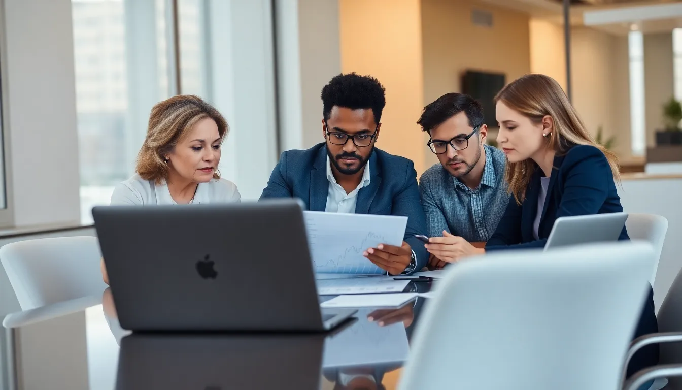 diverse team discussing financial challenges in a modern office.