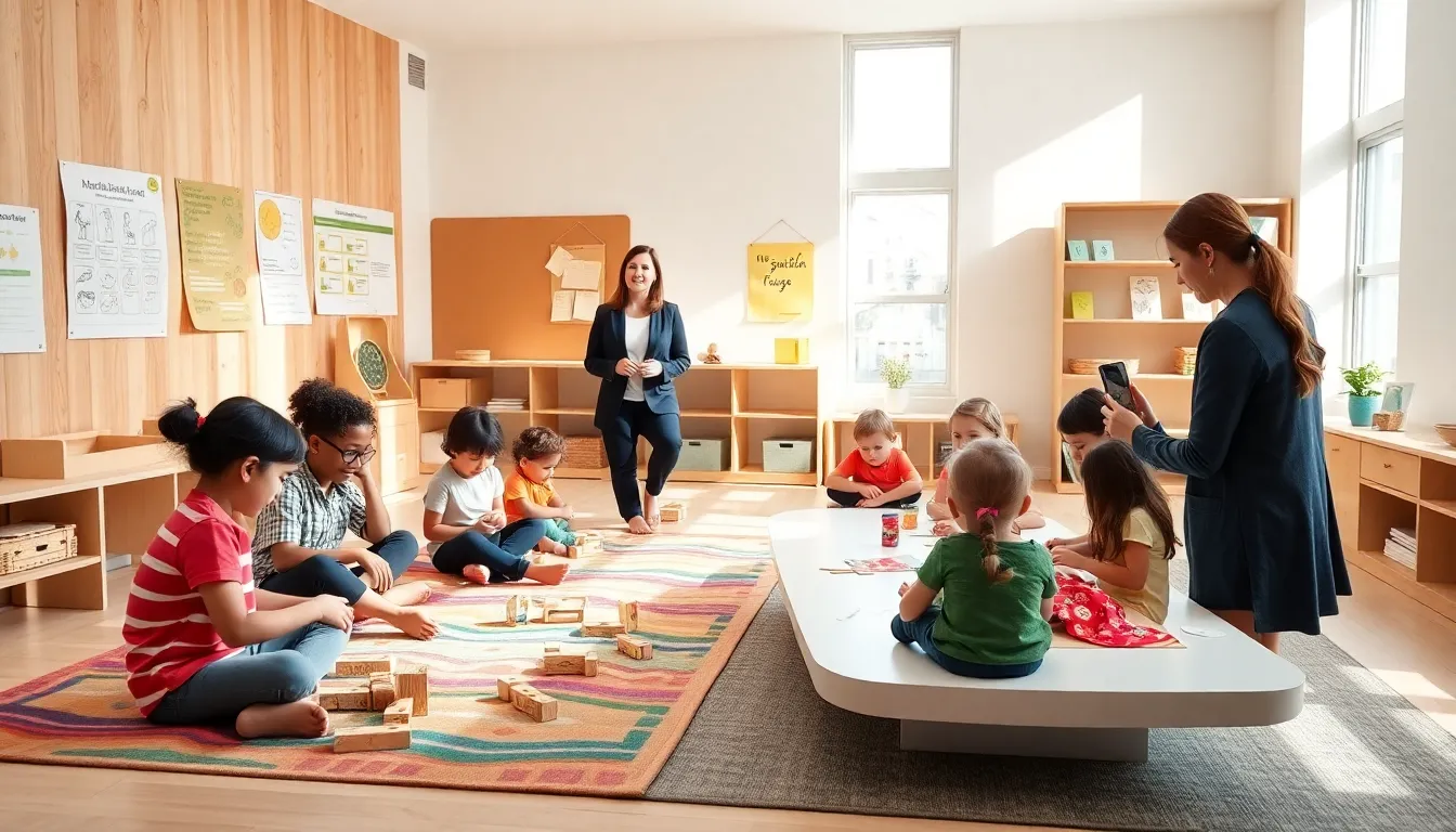 children engaged in hands-on learning in a Montessori classroom.
