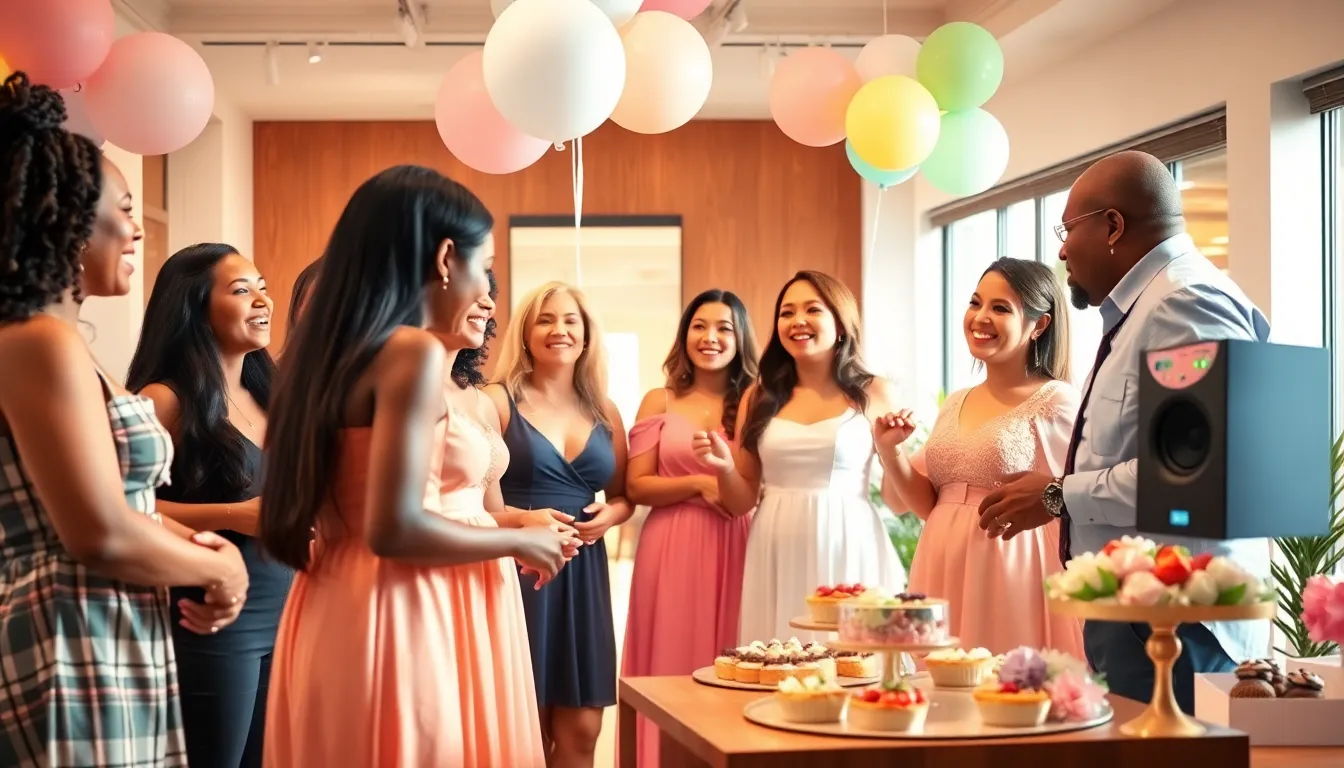 A diverse group of guests enjoying a baby shower with soft music.