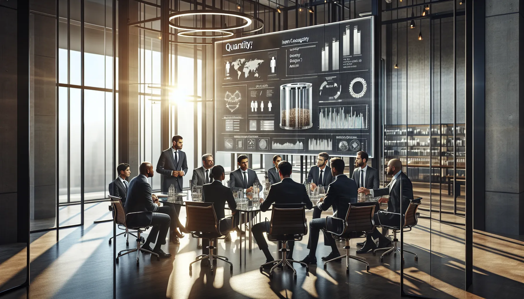 diverse professionals discussing quantity determination in a modern office.