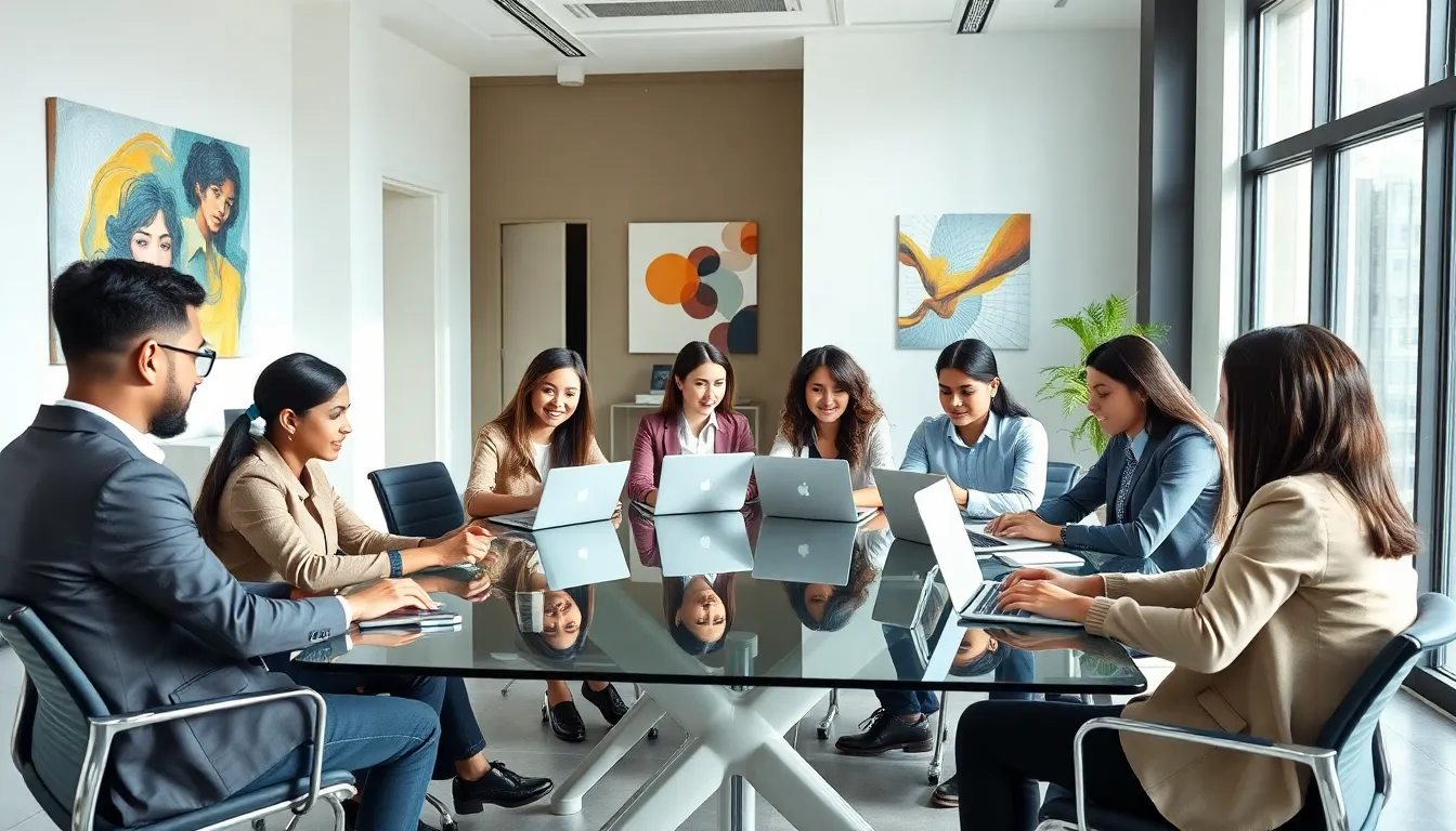 diverse professionals collaborating in a modern office setting.