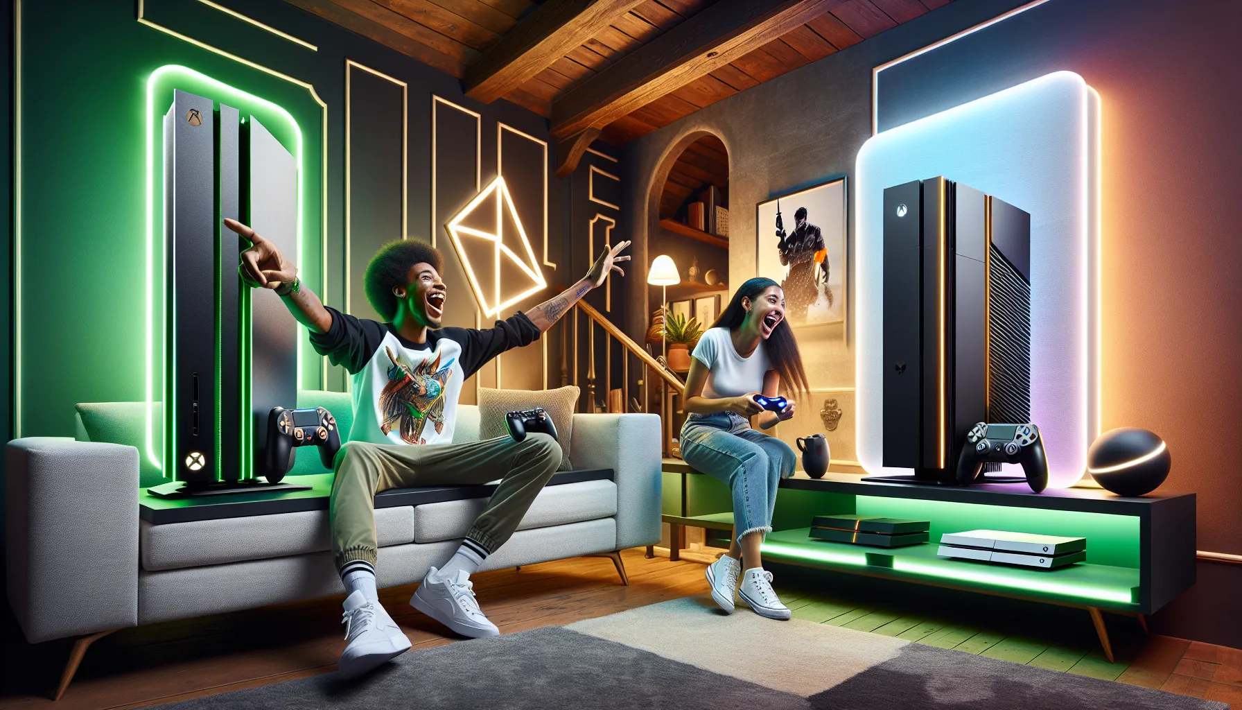 gamers discussing Xbox and PS5 in a cozy living room.