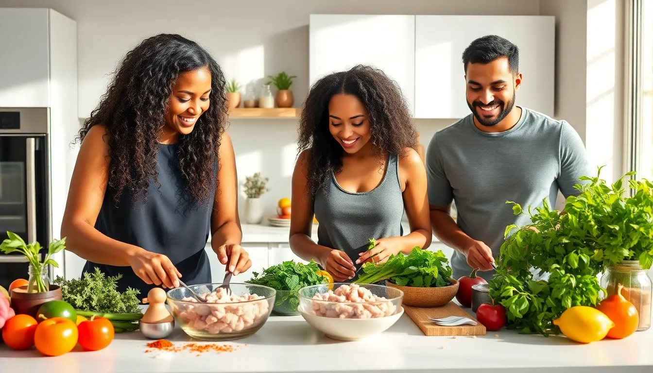 diverse team preparing healthy meals with ground turkey in a modern kitchen.