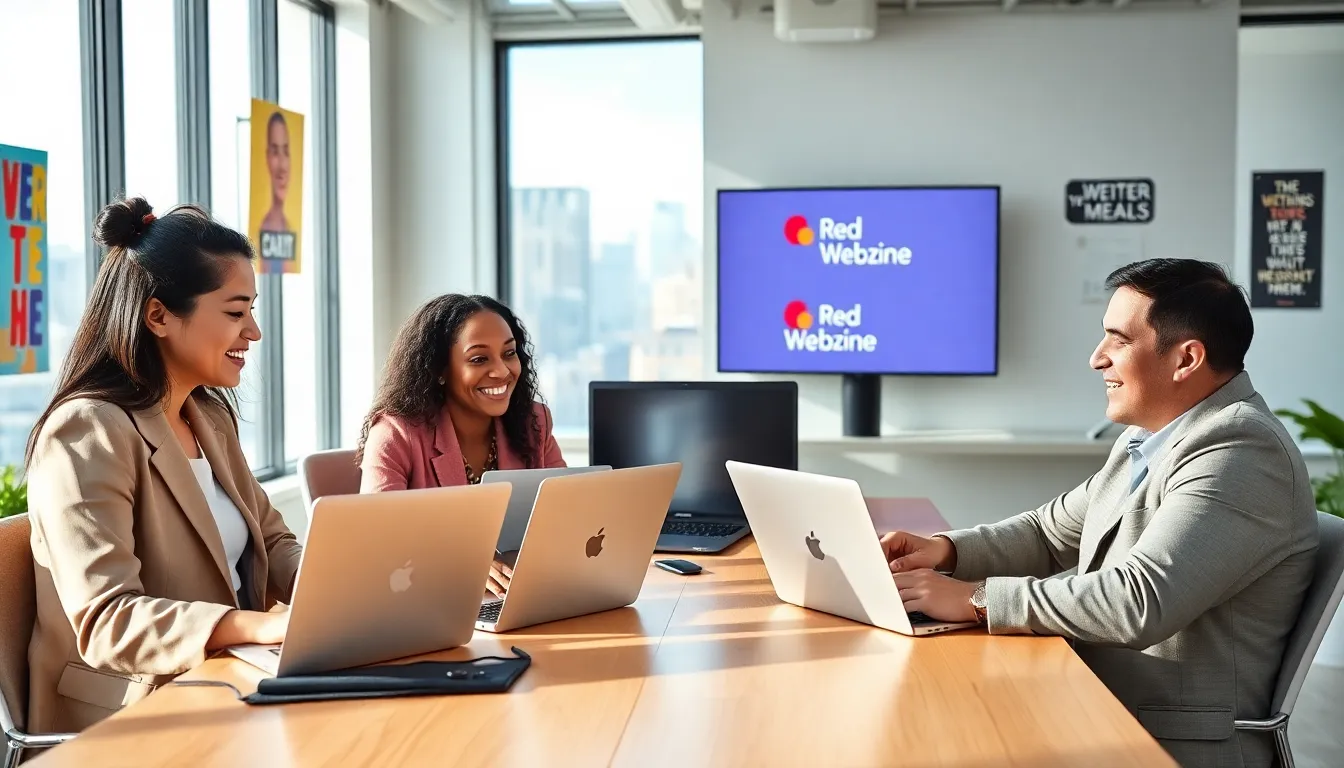 diverse team collaborating in a modern workspace for Red Webzine.