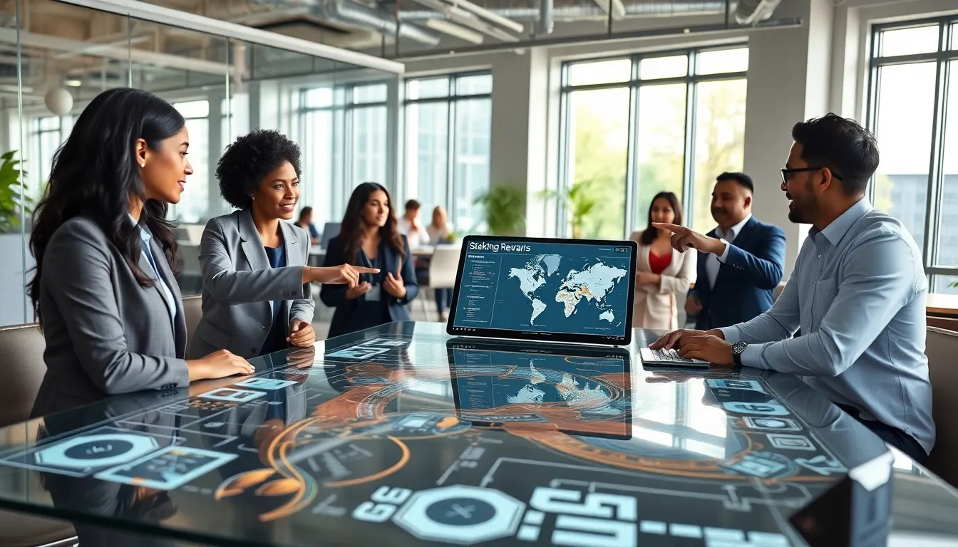 professionals discussing blockchain staking in a modern workspace.