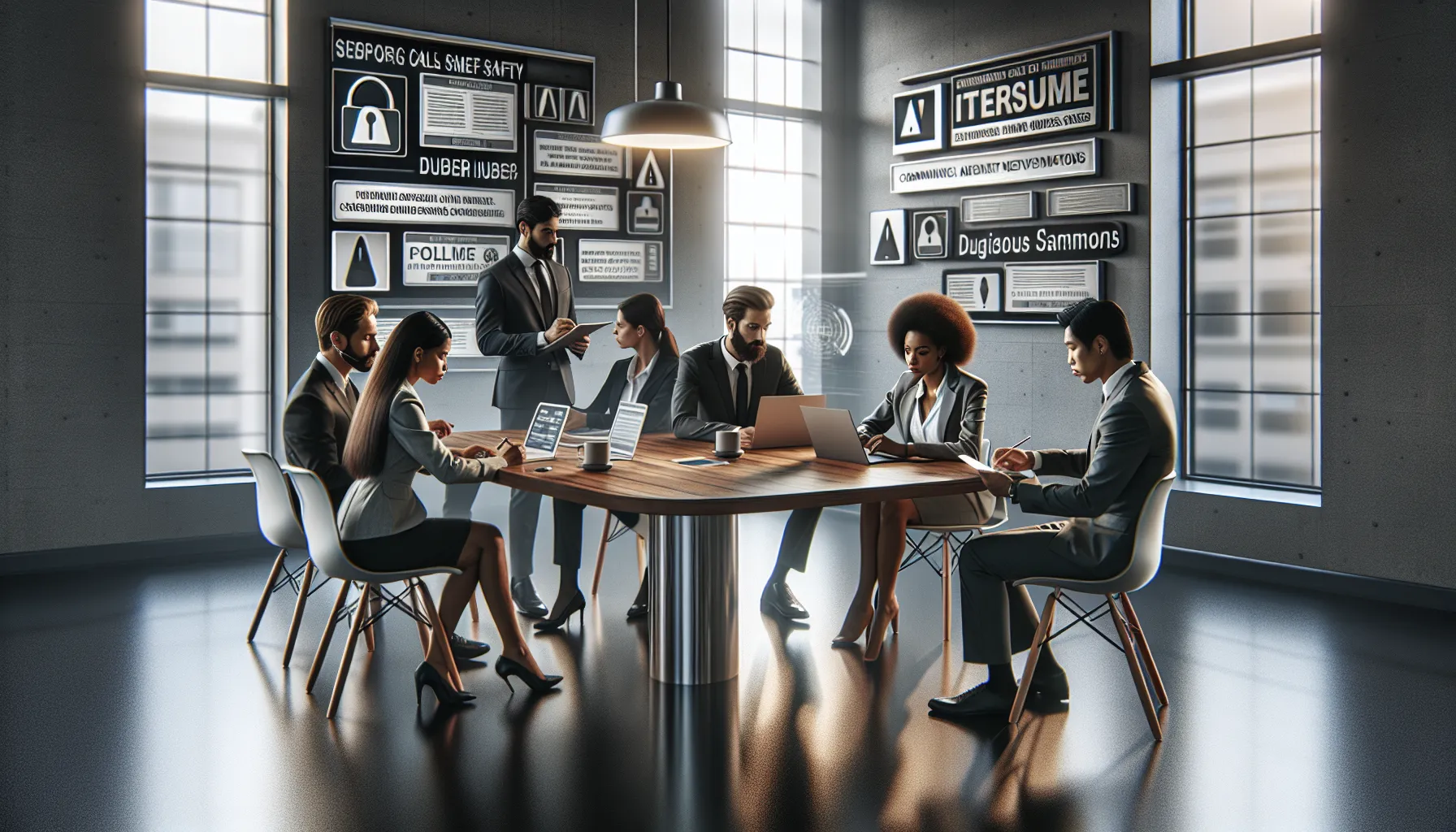 diverse team discussing call safety in a modern office.