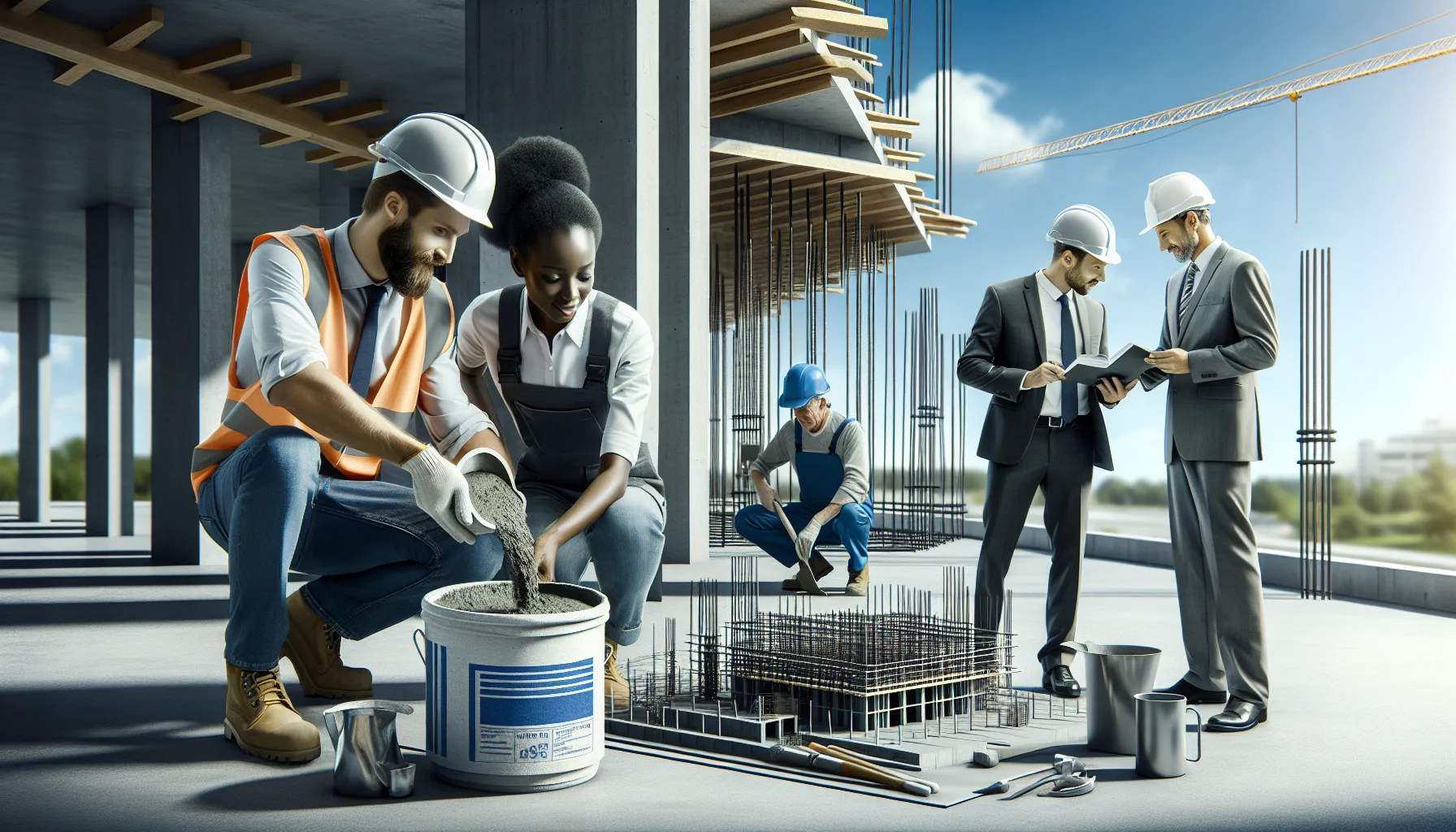 workers mixing Esampark.Wonder Cement.444 at a construction site.